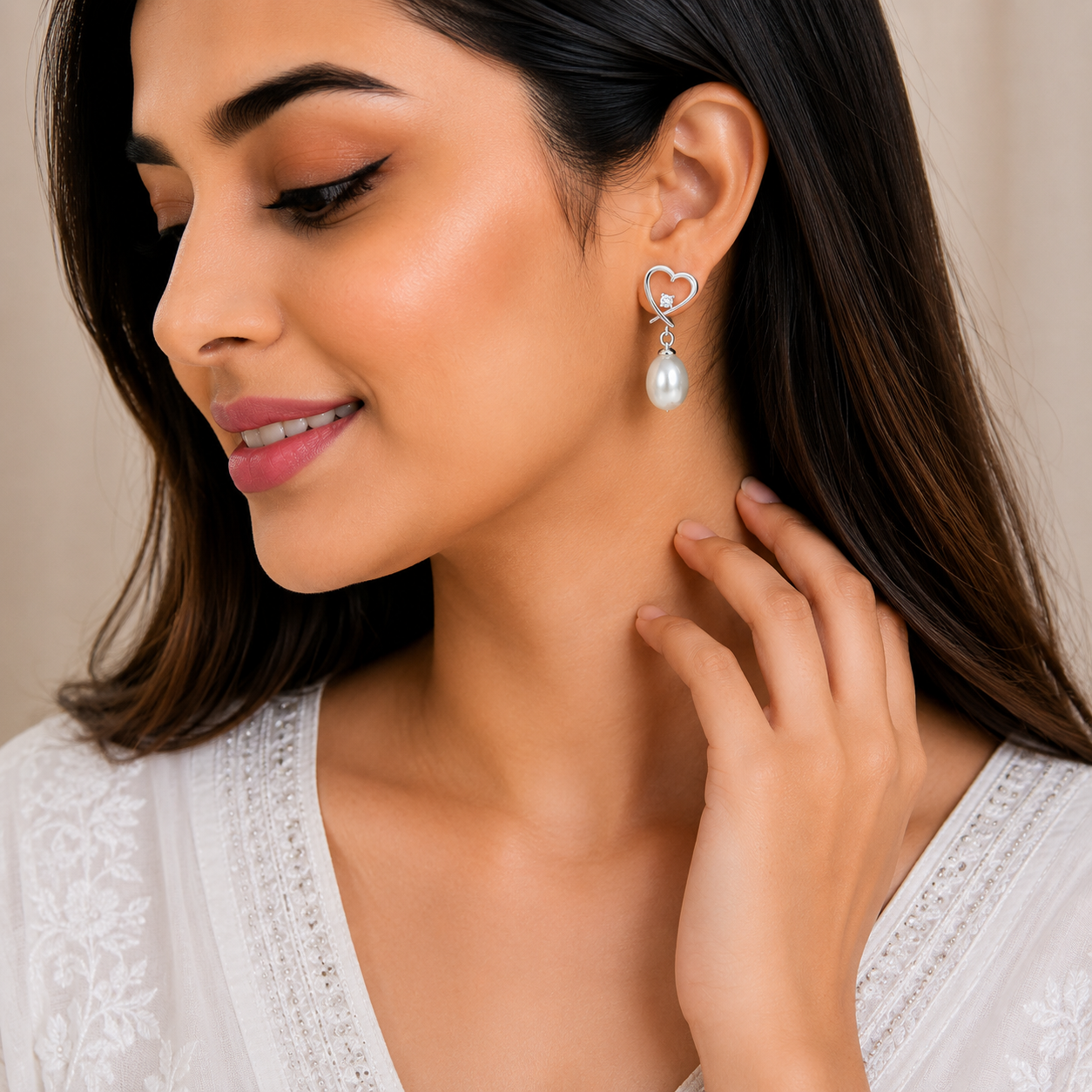 Heart-Shaped Pearl Drop Earrings